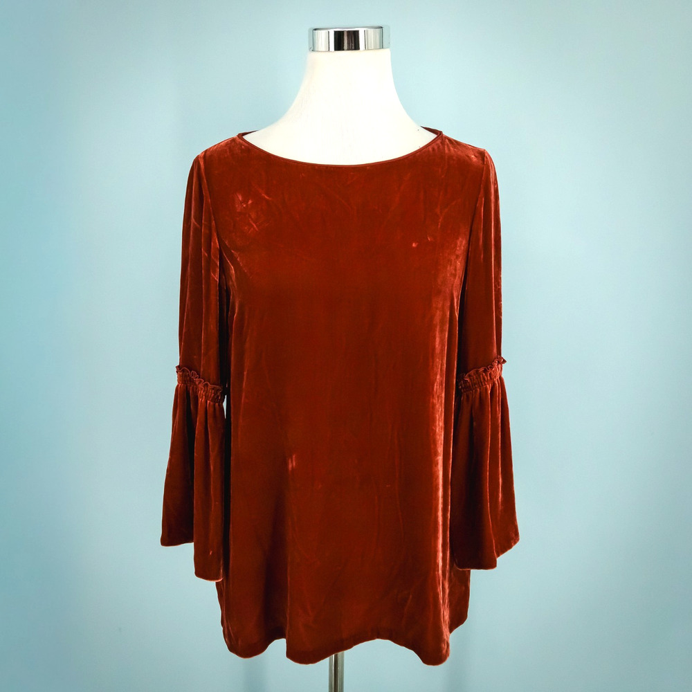 Lafayette 148 Size Small S Rust Velvet Roslin Scoop 3/4 Bell Sleeve Silk Top